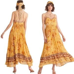 Spell Sleeveless Tiered Maxi Dress Organic Cotton Floral Metallic Yellow Brown